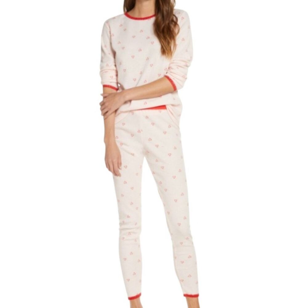 Rachel Parcell Pink Heart Print Thermal Sleepwear Set Pajamas